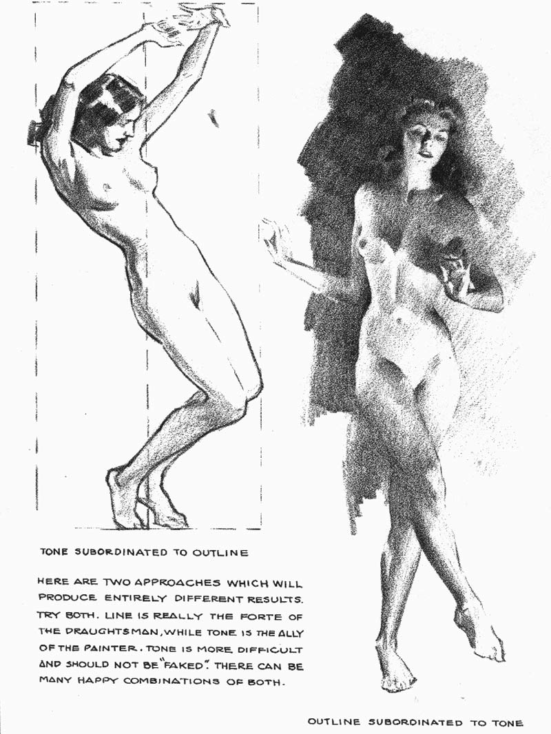 Dibujo del desnudo femenino en posturas llamativas.
