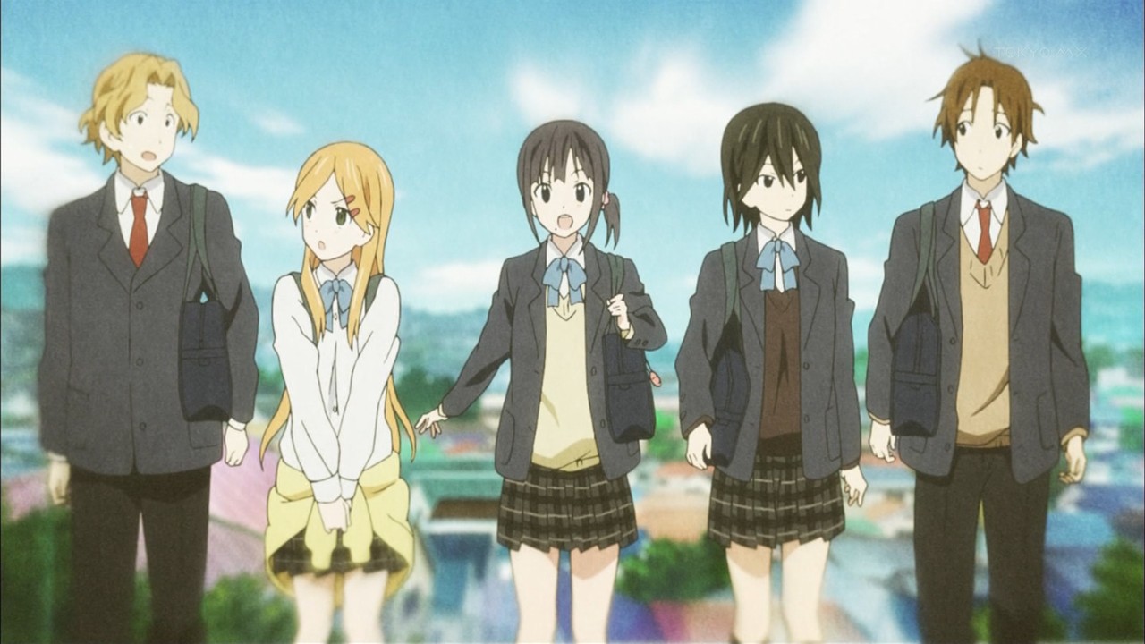 Kokoro no Connect, de izquierda a derecha Aoki, Yui, Iori, Himeko y Taichi.